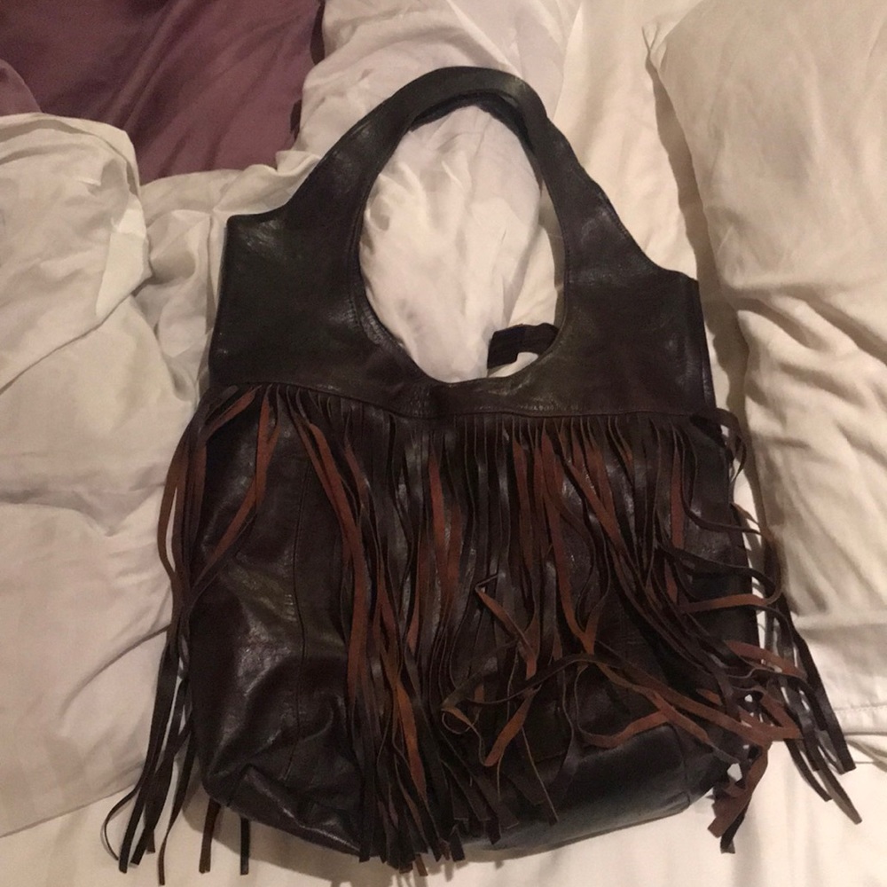 Real leather brown fringe bag